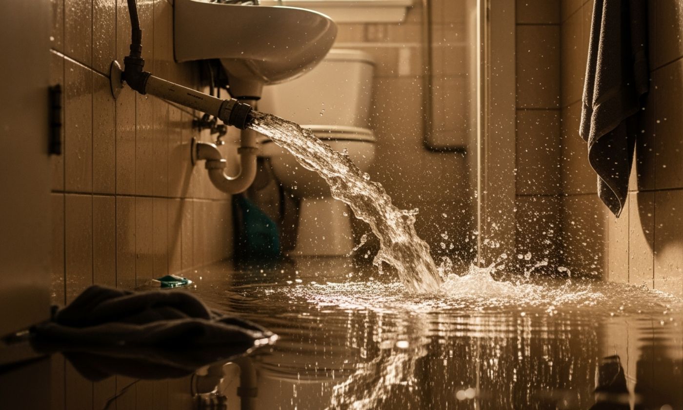 Burst pipe flooding a bathroom floor